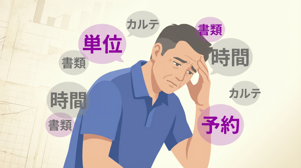 単位や予約、時間に追われる病院の理学療法士や作業療法士の図。