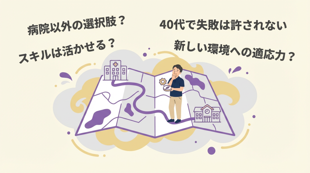 キャリアマップ。特養リハビリで病院リハビリのスキルが生かせるのか悩む40代男性の図。