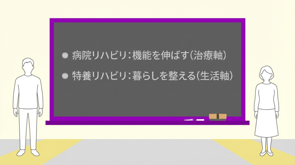 病院リハビリと特養リハビリの仕事の違いを説明する図