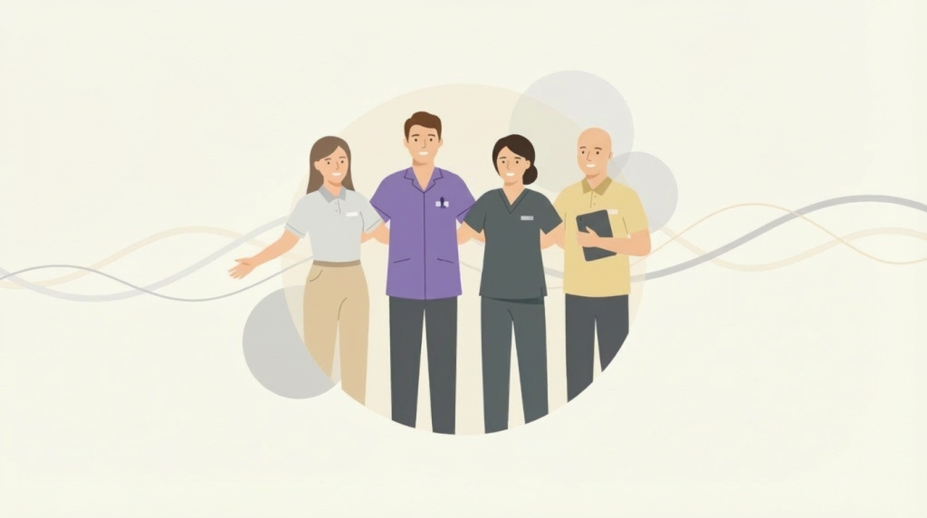 特別養護老人ホームの職員が、病院で臨床経験のあるPT・OTを歓迎しているイラスト。