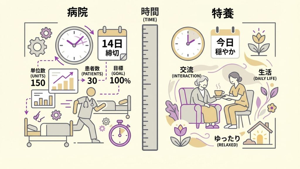 病院リハビリと特養リハビリの仕事の違いの図。