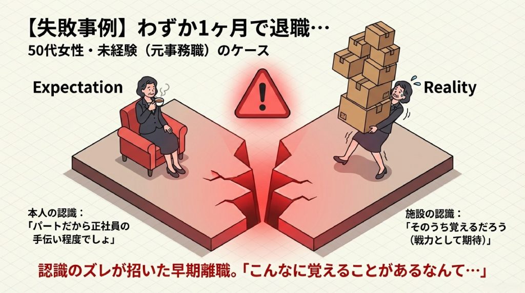 わずか1か月で退職になってしまったケースの図。「パートだから」と簡単に考えてしまっていたため早期離職となった例。