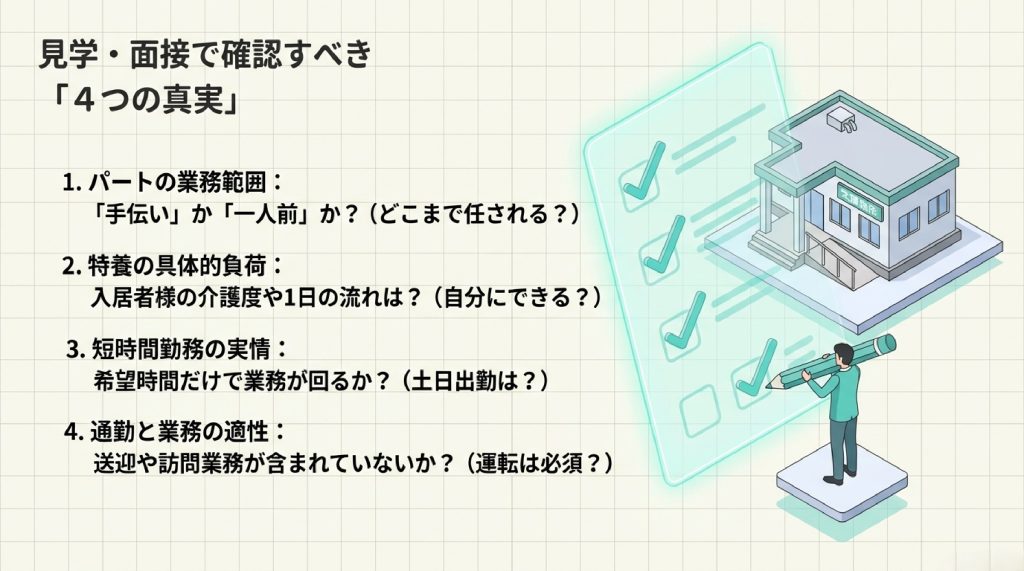 パートでもどこまで覚える必要があるのか、• 特養の負荷について、具体的にどの程度なのか、適性などを確認すること。