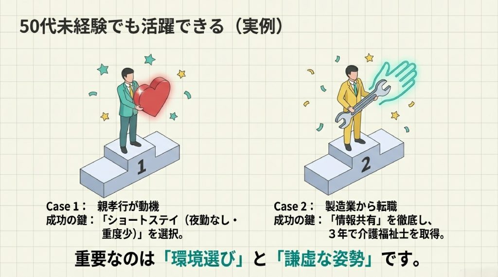 藤花会で働く、実務者講習修了者の50代男性を紹介。3年の実務経験をへて介護福祉士を取得する男性。ショートステイフロアで夜勤なしの働き方を選択した男性。