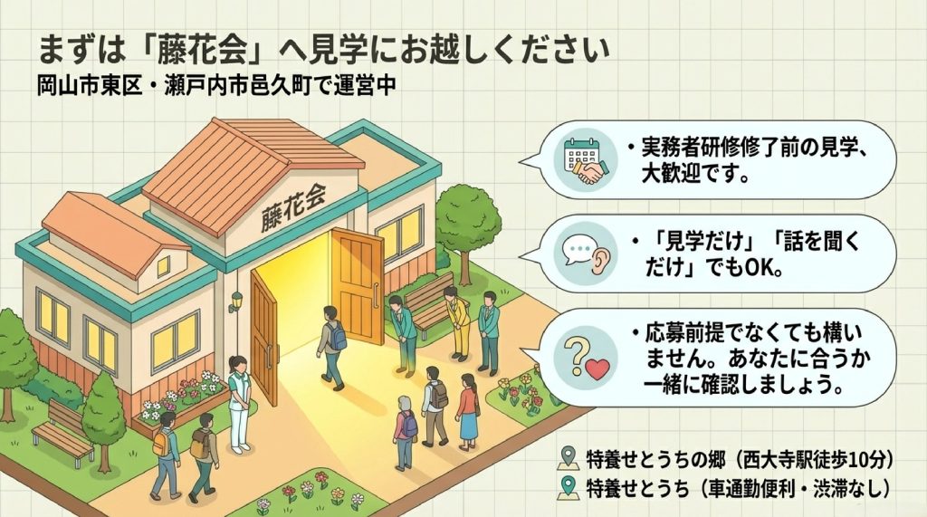 藤花会、介護職員募集中。まずは見学に来て、希望があれば職場体験をして、マッチングを確認してください。瀬戸内市と岡山市東区西大寺に事業所あり。