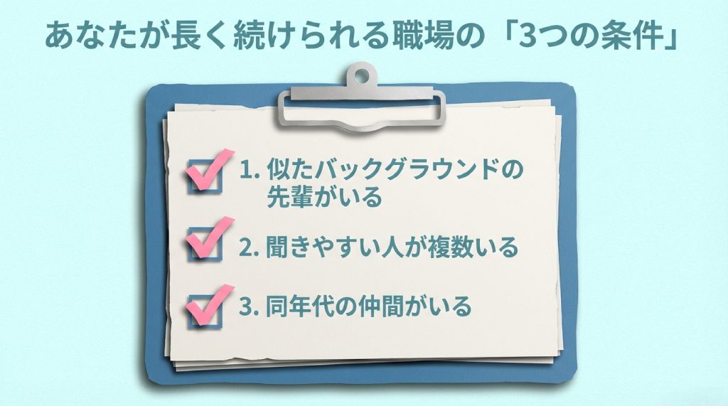 ✓ 似たバックグラウンドの先輩が働く環境  ✓ プリセプターだけでなく、聞きやすい人が複数人いる環境  ✓ 同年代がいる環境　これらが続けられる職場の特徴です。